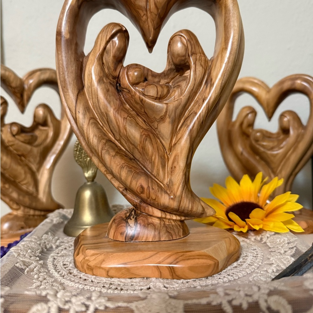 Artisan Olive Wood Family Heart Sculpture